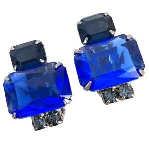 Vintage 1950s Cobalt Blue Glass Clip On Earrings Mid Century Geometric Cocktail